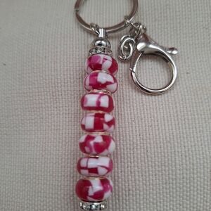 Pink and White Beaded Keychain
